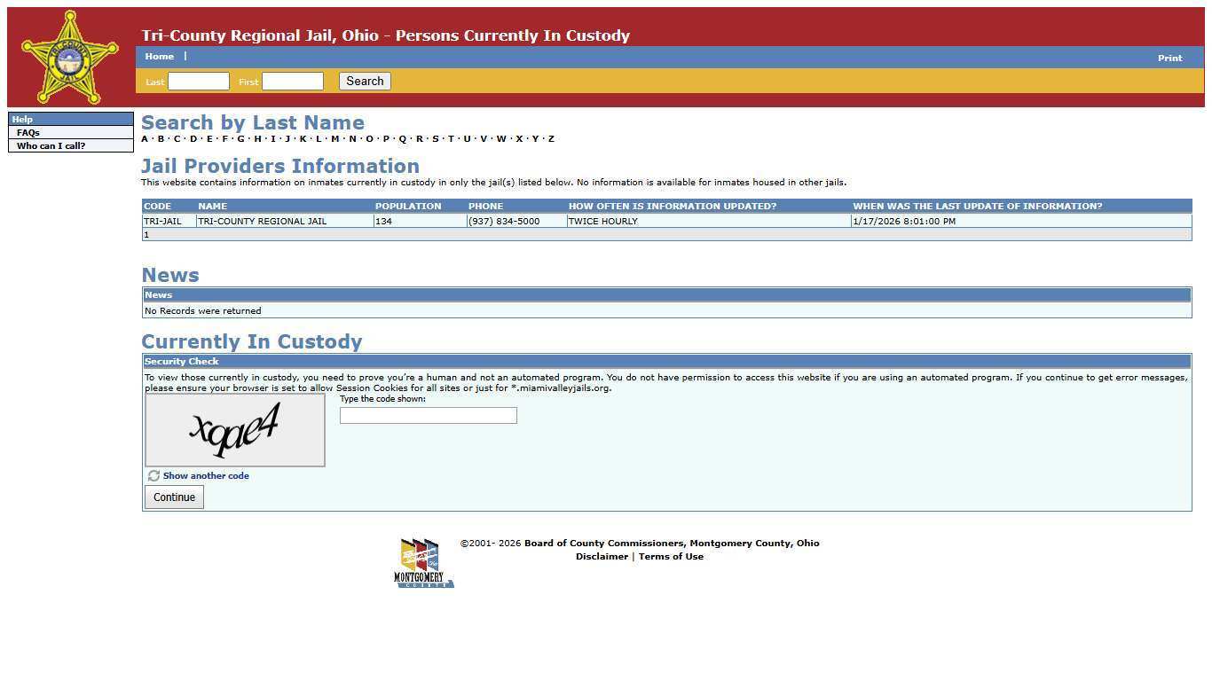 Tri-County Regional Jail, Ohio - Persons Currently In Custody